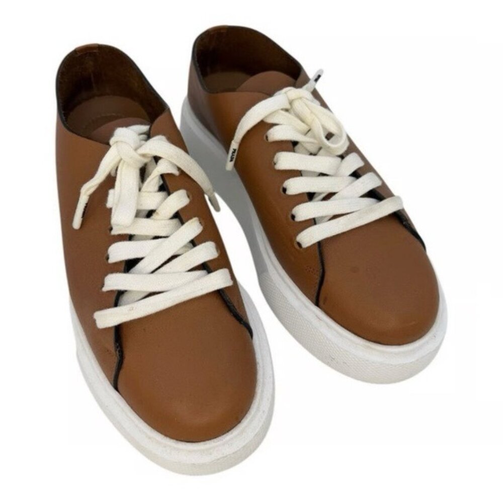 PRADA Brown and White Leather Low-Top Sneakers